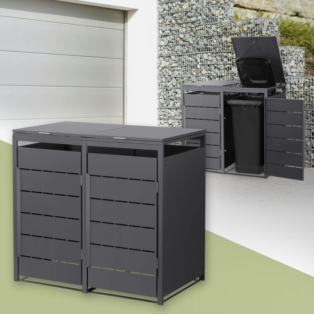 ML-Design Mülltonnenbox 2er, Mülltonnenverkleidung für 2 Tonne, 240L, 132x80x120 cm, Anthrazit, aus Stahl, wetterfest, Müllbox mit Klappdeckel ...