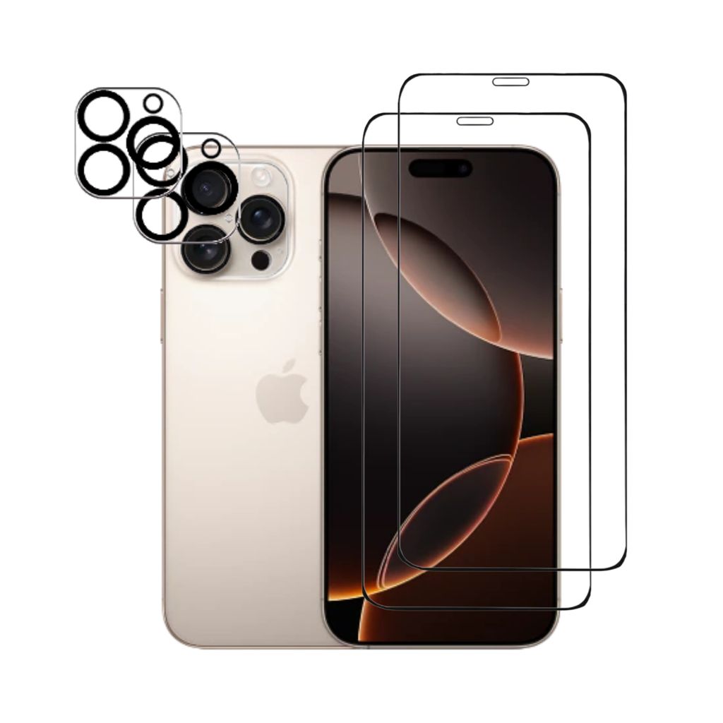 A gold iPhone with camera lens protectors and screen protectors.