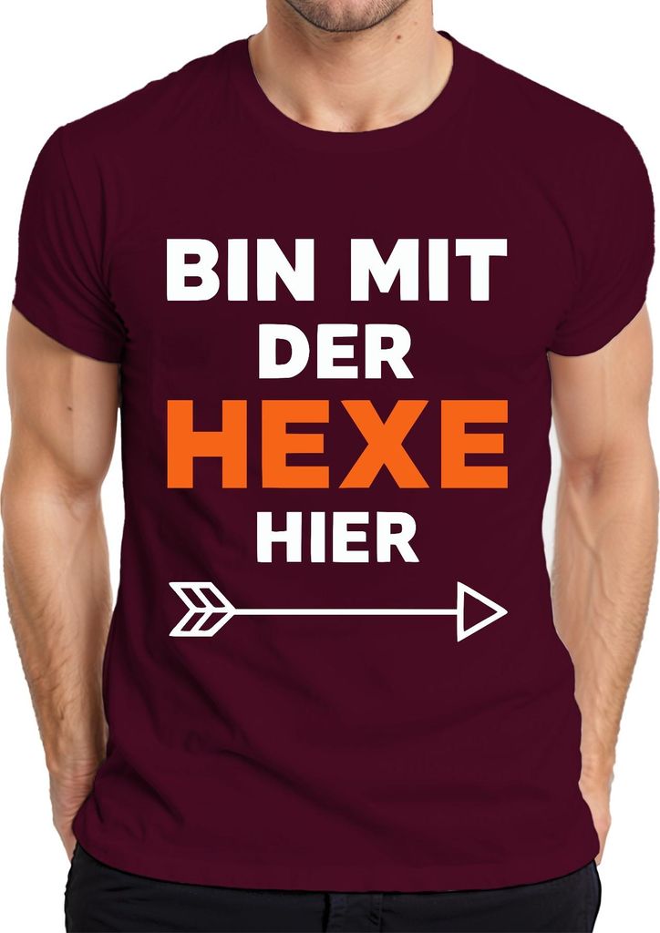Bin mit der Hexe Halloween Pärchen Kostüm Geschenk Fasching Party Herren T-Shirt, Burgundy, M