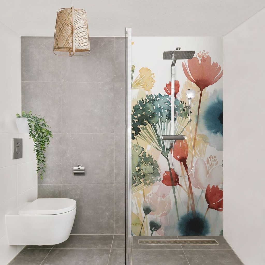Duschrückwand Blumen selbstklebend - 0.35 mm Wandpaneel wasserfest Design weiss Aquarell Landhaus Badrückwand fugenlos Smart matt 80x190 cm