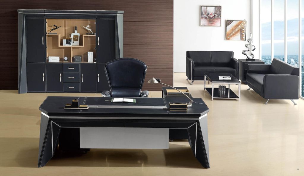 New Boss Office Table Desk Table Design Cabinet Leather Wood 2 Pieces Set Group