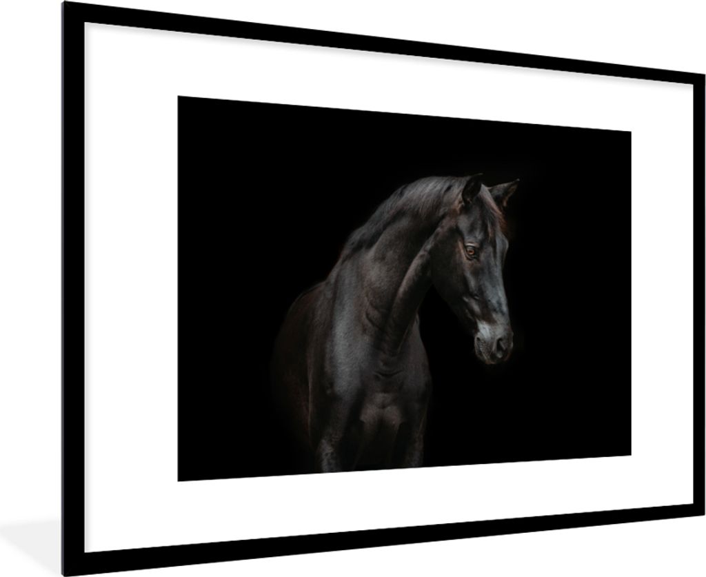 MuchoWow MuchoWow Gerahmtes Poster Pferd - Tier - Schwarz 90x60 cm - Poster mit zchwarzem Bilderrahmen - Wanddekoration - Fotos