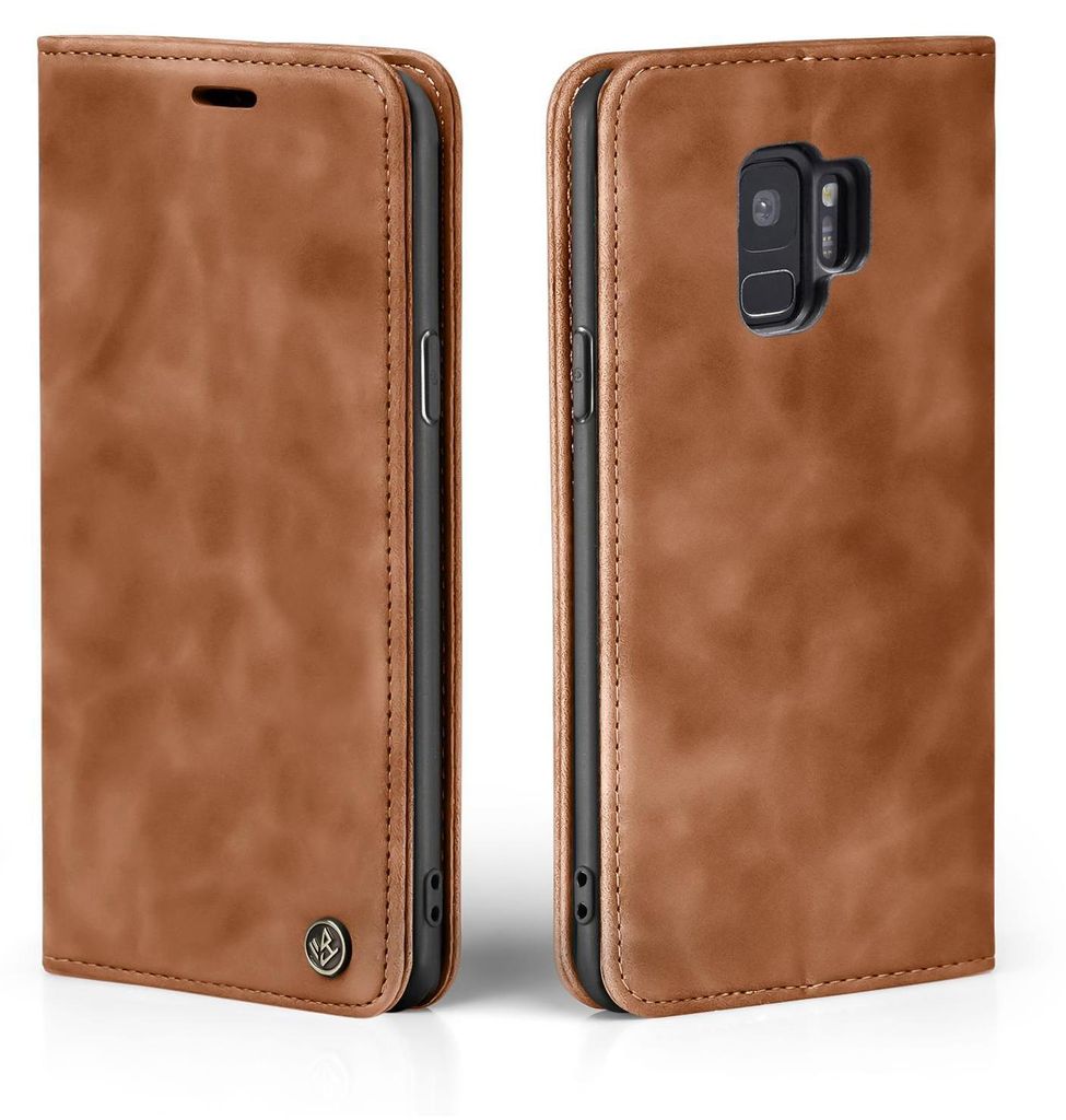 A brown leather flip case for a Samsung Galaxy S9 phone, shown from two angles.