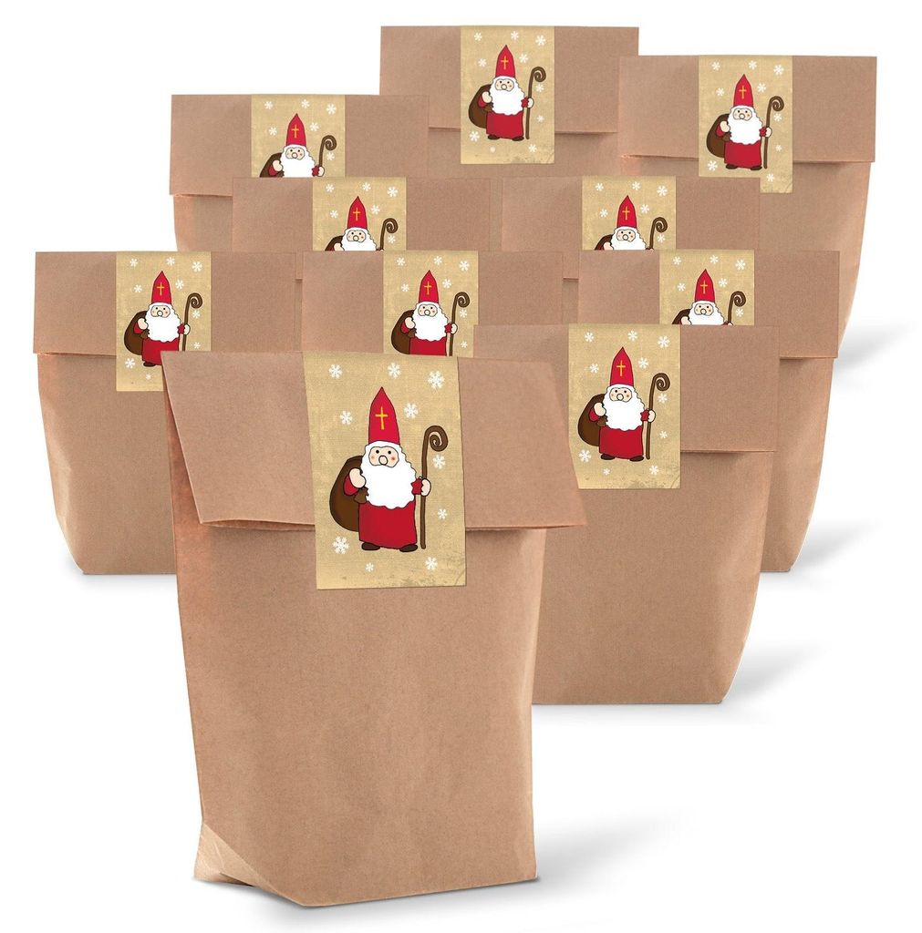 10 braune Geschenktüten Weihnachtstüten mit Boden 14 x 22 x 5,6 cm Kraftpapier natur Tüten + 10 Weihnachts-Aufkleber HEILIGER NIKOLAUS ROT weiß...