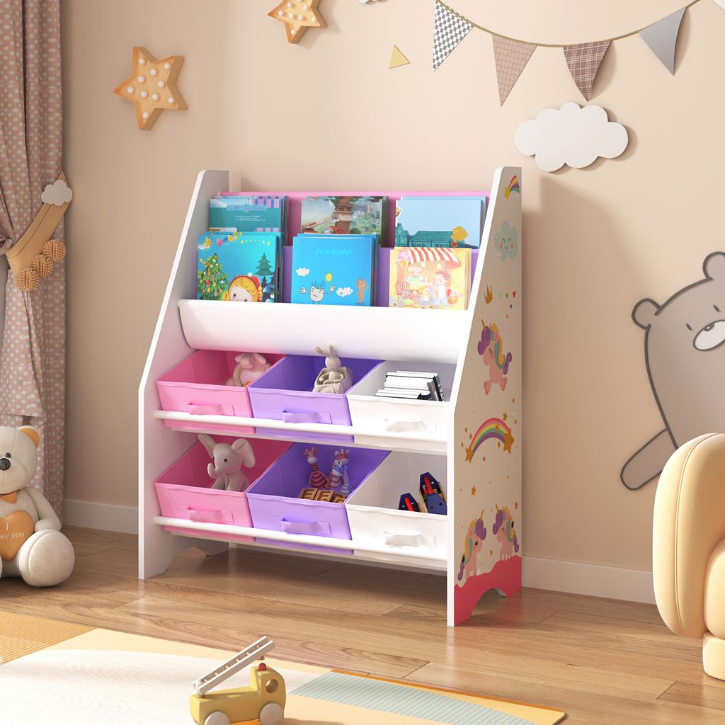 Kinderregal ‘Ponteceso’ mit 2 Ablagefächern und 6 Faltboxen Einhorn-Motiv 74 x 62 x 26,5 cm