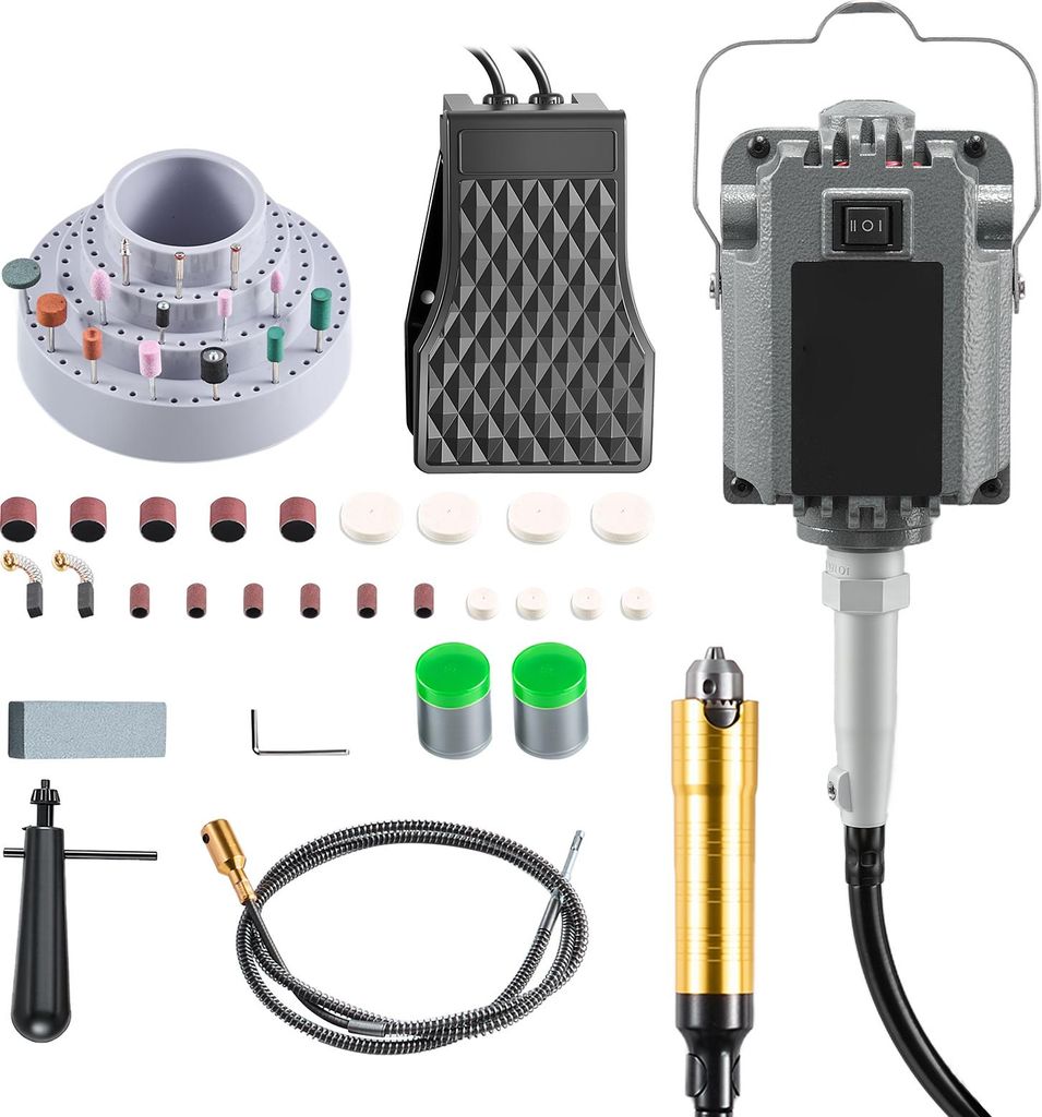 SucceBuy Elektrisches Drehwerkzeug, 1200 W, 30.000 U/min, Rotationswerkzeug mit Fußpedalsteuerung und Flexschlauch, Hängemühle mit 112-teiligem ...