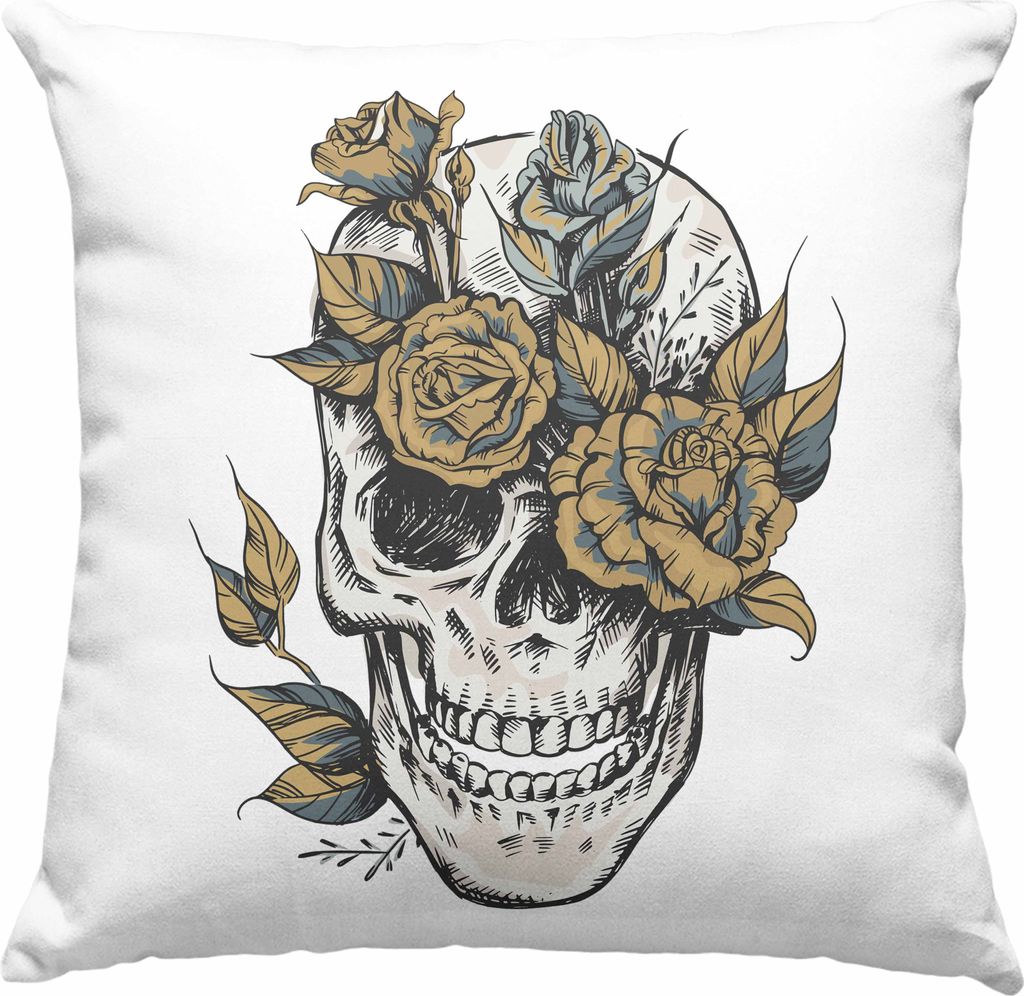 Trendation - Totenkopf Kaffee Deko-Kissen mit Füllung 40x40 Frauen Mädchen Männer Tattoo Geschenk Damen Idee Grafik Blumen (Rosa)