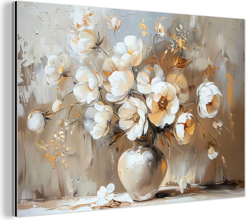 MuchoWow Wanddekoration Metall Metallbild Wandkunst 90x60 cm Vase - Blumen - Kunst - Gold MuchoWow Aluminium Gemälde - Wandbilder
