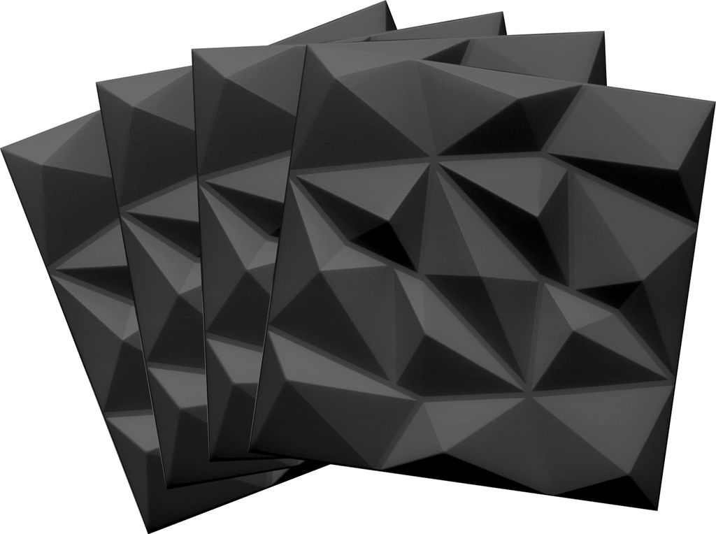 A set of black, geometric 3D wall panels are arranged in a fanned-out display against a white background.