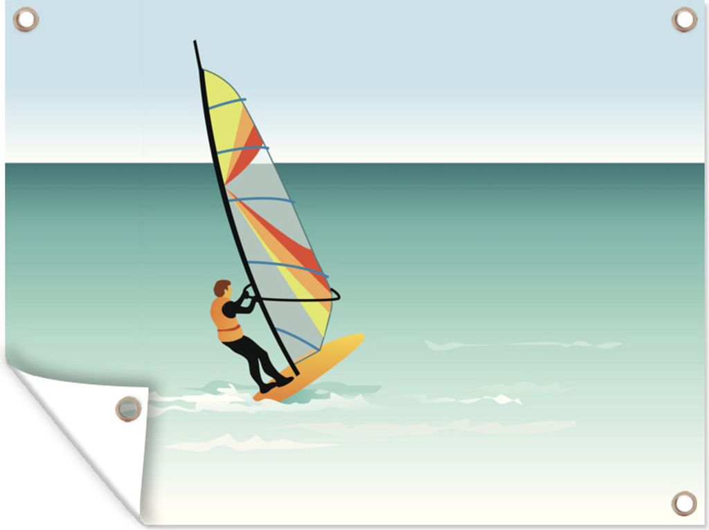MuchoWow 40x30 cm Outdoor-Poster Gartendeko Sichtschutz Garten Poster für den Garten Illustration eines Mannes beim Windsurfen an der Küste