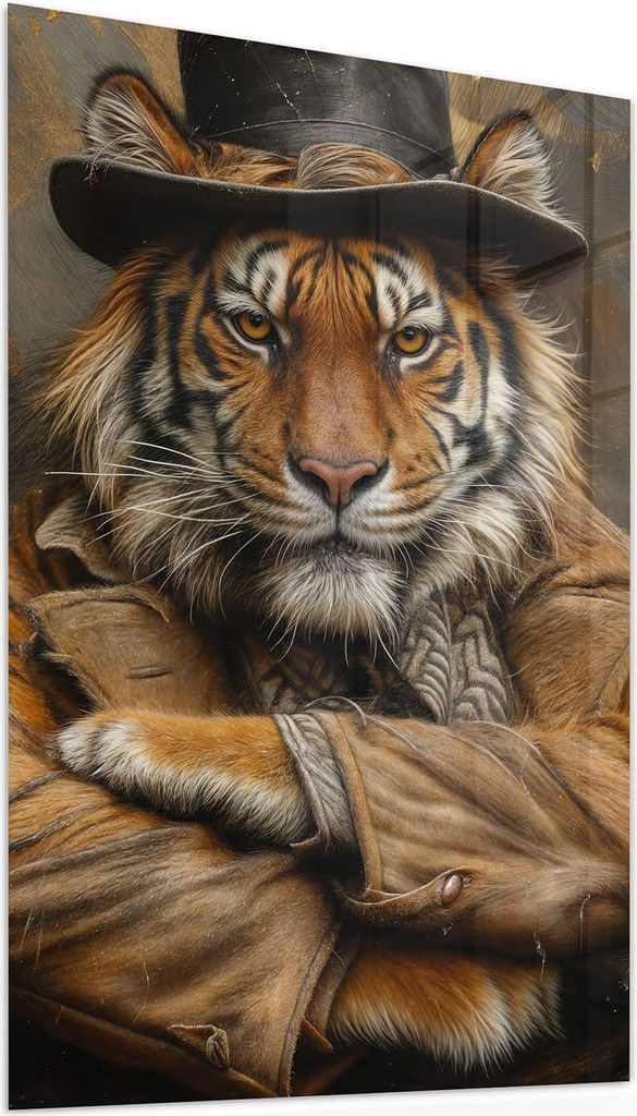 Glasbild 50x75cm in XXL für Wohnzimmer, Schlafzimmer Motiv Tiger mit Zylinder
