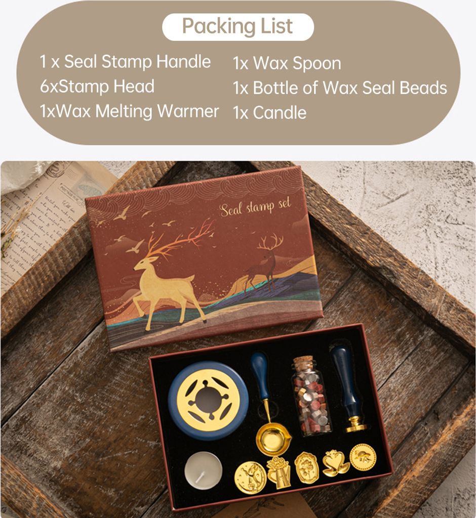 Wachs-Siegel-Stempel-Set mit 6 Stück Siegelstempel und Flasche Wachsperlen Löffel/Kerze/Wachsschmelzer für Weihnachten Vintage Umschläge Briefe...
