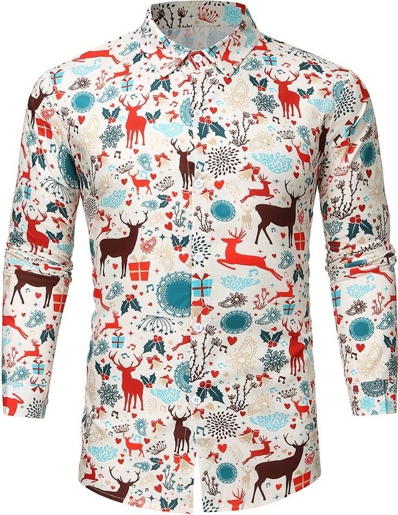 ASKSA Herren Funky Christmas Print Weihnachtsmann Hemd Langarm Button Up Freizeithemd,B-Weiss,L
