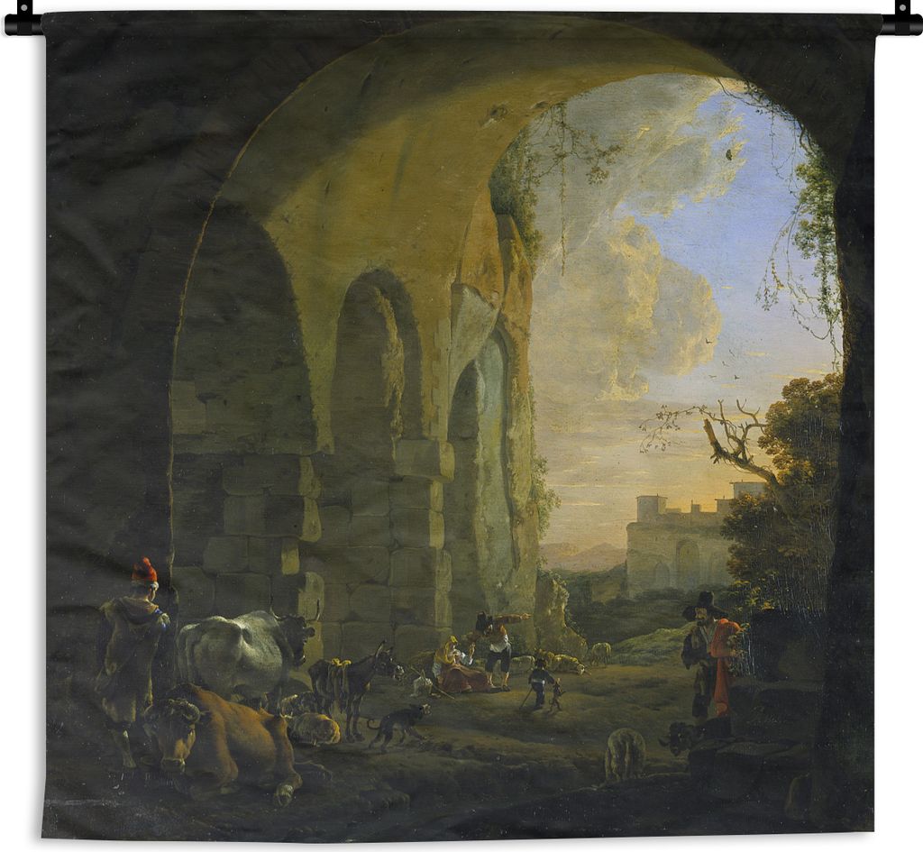 MuchoWow Wandteppich Wandbehang Hirten mit Vieh unter einem Gewölbe im Kolosseum in Rom - Gemälde von Jan Asselijn 120x120 cm Tapisserie Dekora...