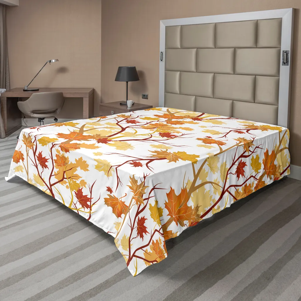 Drap de lit doux motif feuilles de saison 266x260cm jaune et orange