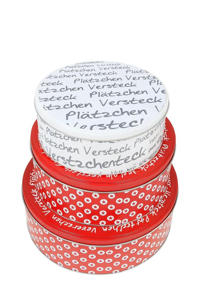 Cepewa Gebäckdosen 3er-Set „Plätzchenversteck“ – Metall Rot/Weiß, stapelbar Ø 19 / 16,5 / 13,5 cm, Weihnachtsdose Kekse
