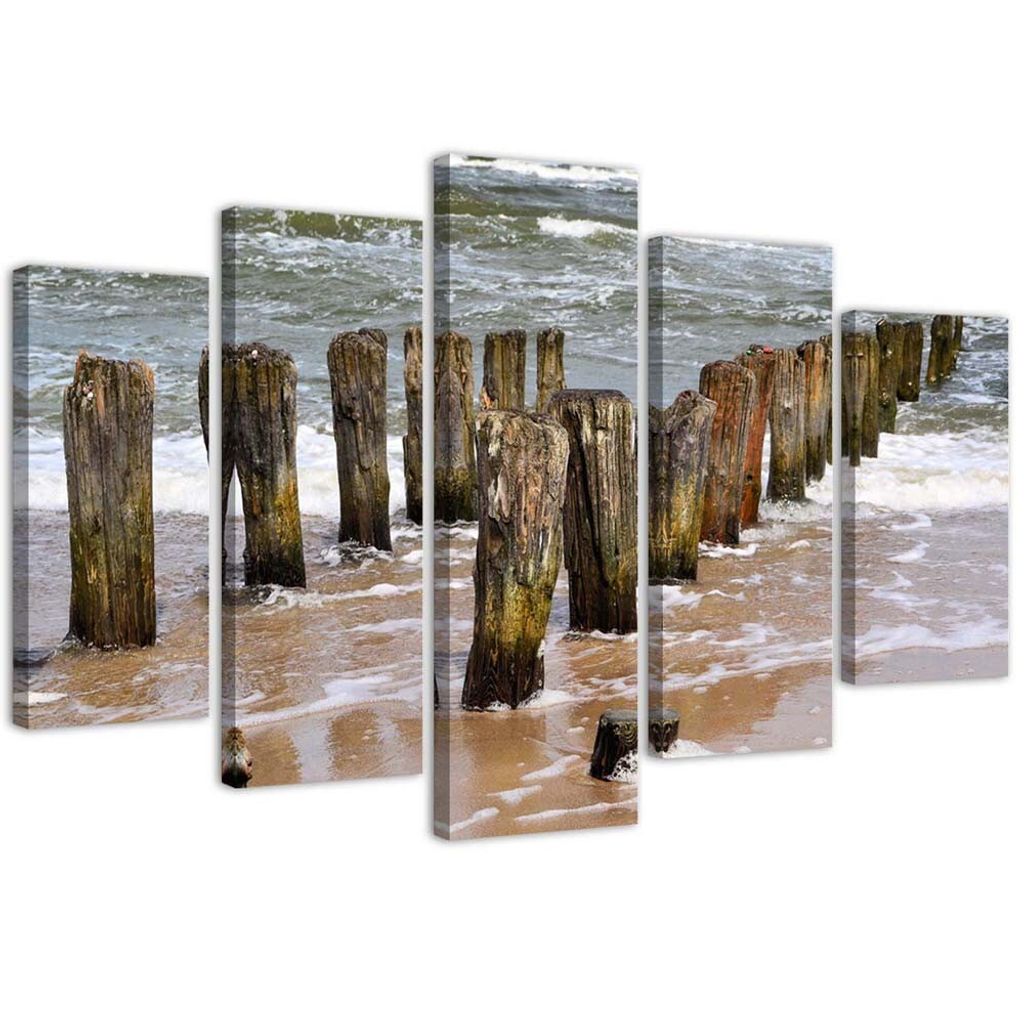 5-teiliges leinwandbild wellen am strand 100x70 cm Feeby braun wandbild bereit zum aufhängen