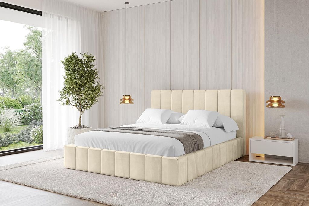 ALTDECOR Polsterbett mit Bettkasten - FINO 200x200 Beige und Lattenrost, Bett mit Matratze H3/H4, Kopfteil, Boxbett, Doppelbett mit Stauraum