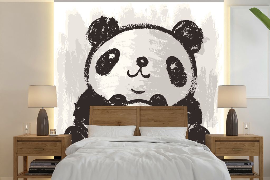 MuchoWow Fototapete für Wohnzimmer oder Schlafzimmer Wandtapete Vinyl Motivtapete Panda - Kind - Schwarz - Weiß - 280x280 cm - Hintergrundbild