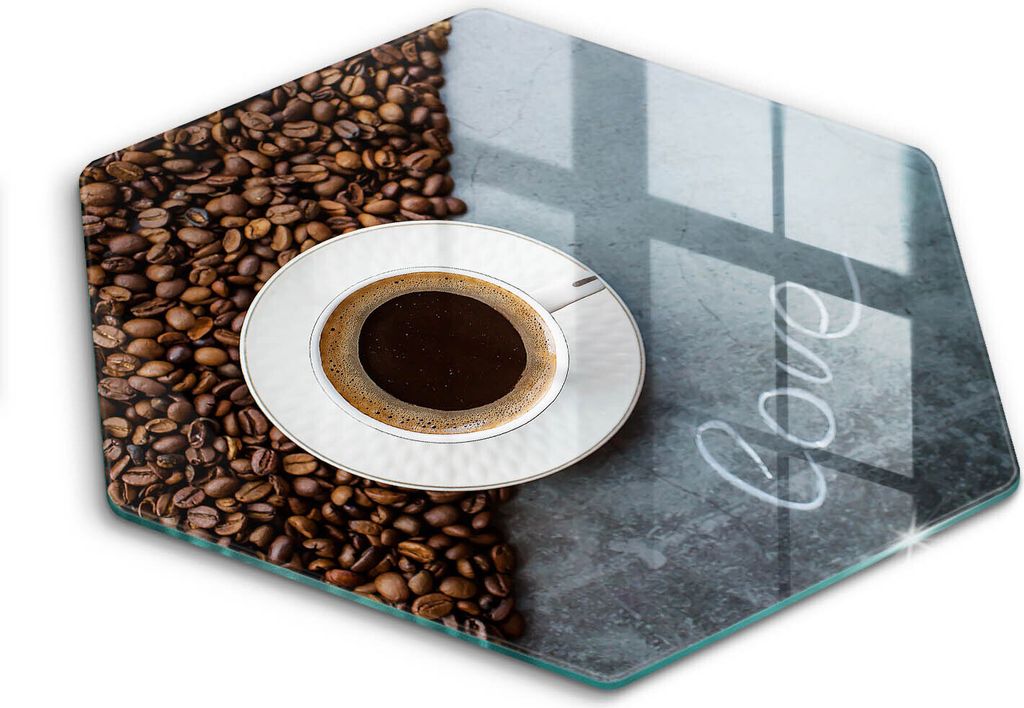 Glasschneideplatte - Herdabdeckplatte - Hexagon 40 cm -Schneidebrett - Spritzschutz - Kaffeebohnen und Tasse