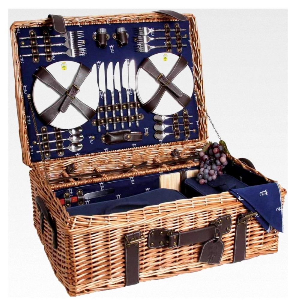 Picknickkorb Champs-Elysées aus Weidengeflecht und echtem Leder - Dunkelblau - Für 6 Personen - Komplett ausgestattet - Porzellanteller/Weingläs...