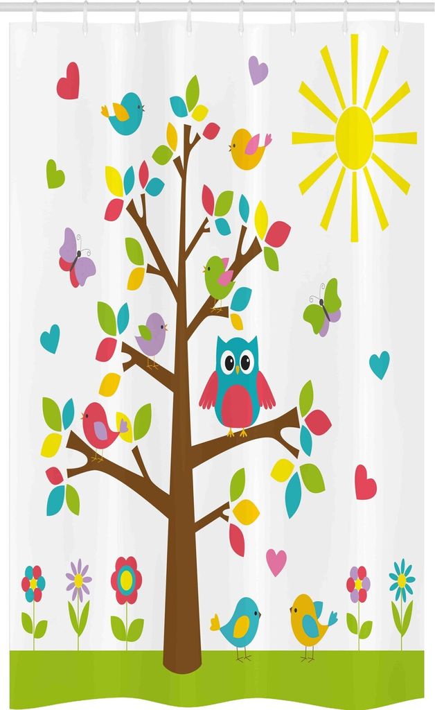 ABAKUHAUS Kindergarten Schmaler Duschvorhang, Bunte Baum-Eule, Badezimmer Deko Set aus Stoff mit Haken, 120 x 180 cm, Mehrfarbig