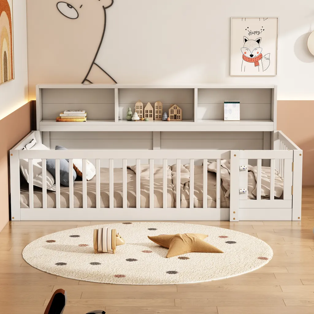 Lit enfant en bois blanc 90x200cm avec sommier et étagère intégrée