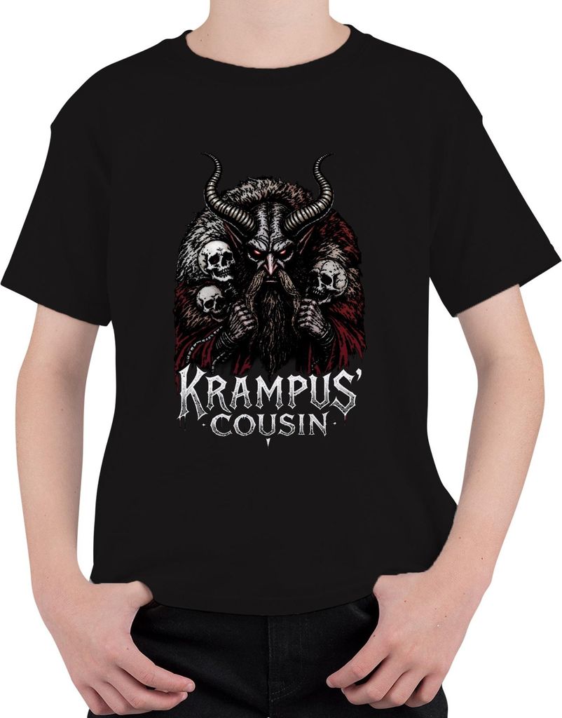 Krampus' Cousin düster Hörner Schädel Weihnachten Gothic Geschenk Uni Kinder T-Shirt, Schwarz, 140