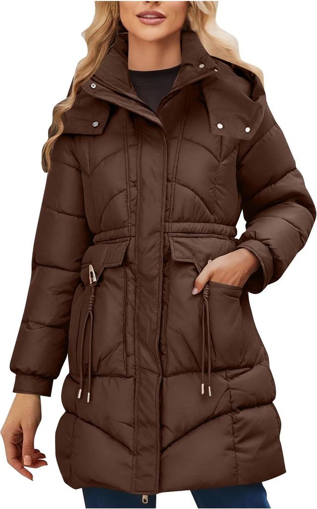 ASKSA Damen Daunenmantel Lang Winterjacke Winter Warm Puffer Jacke Einfarbigr mit Taschen Outdoor Winddicht Mantel Parka (Kaffee,M)