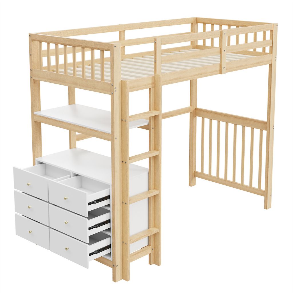Hochbett,Einzelbett(Holzfarbe)Kinderbett,vertikale Sicherheitsleiter,Schubladen und Regale, hohes Zaundesign, Lattenrost, Bett aus Kiefernholz