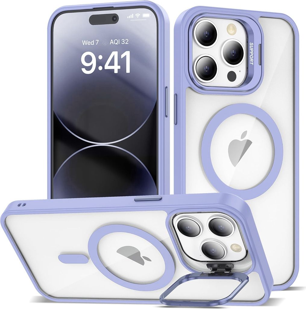 Magnetisch Hülle für iPhone 15, Kompatibel mit MagSafe, Transparent Rückseite TPU Bumper Handyhülle mit Kameraständer Violett
