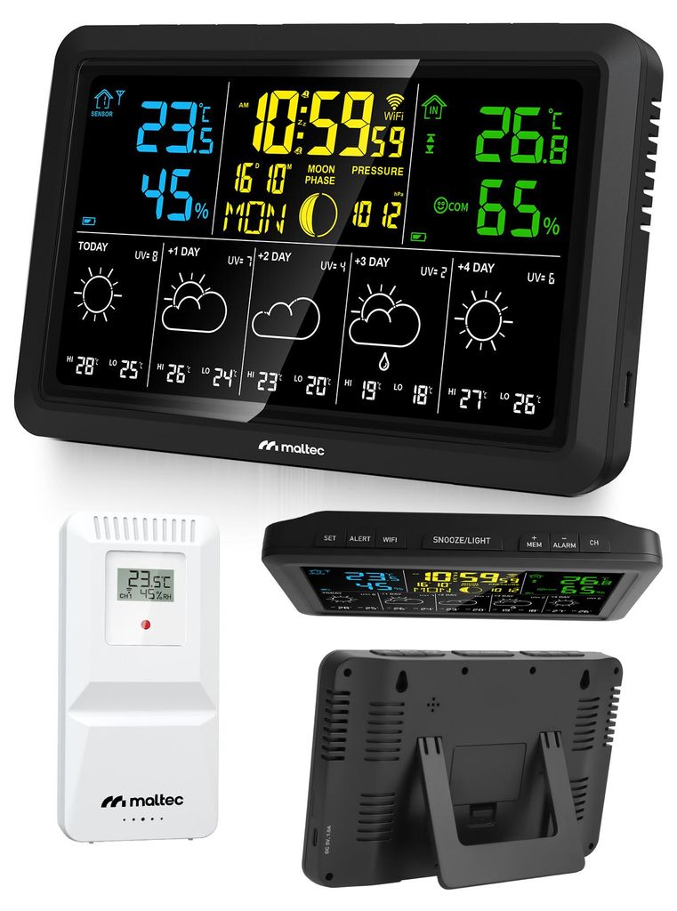MalTec Wetterstation Funk mit Außensensor Thermometer Barometer mit App Sensor Daily5000M Wettervorhersage und Mondphasen Schwarz
