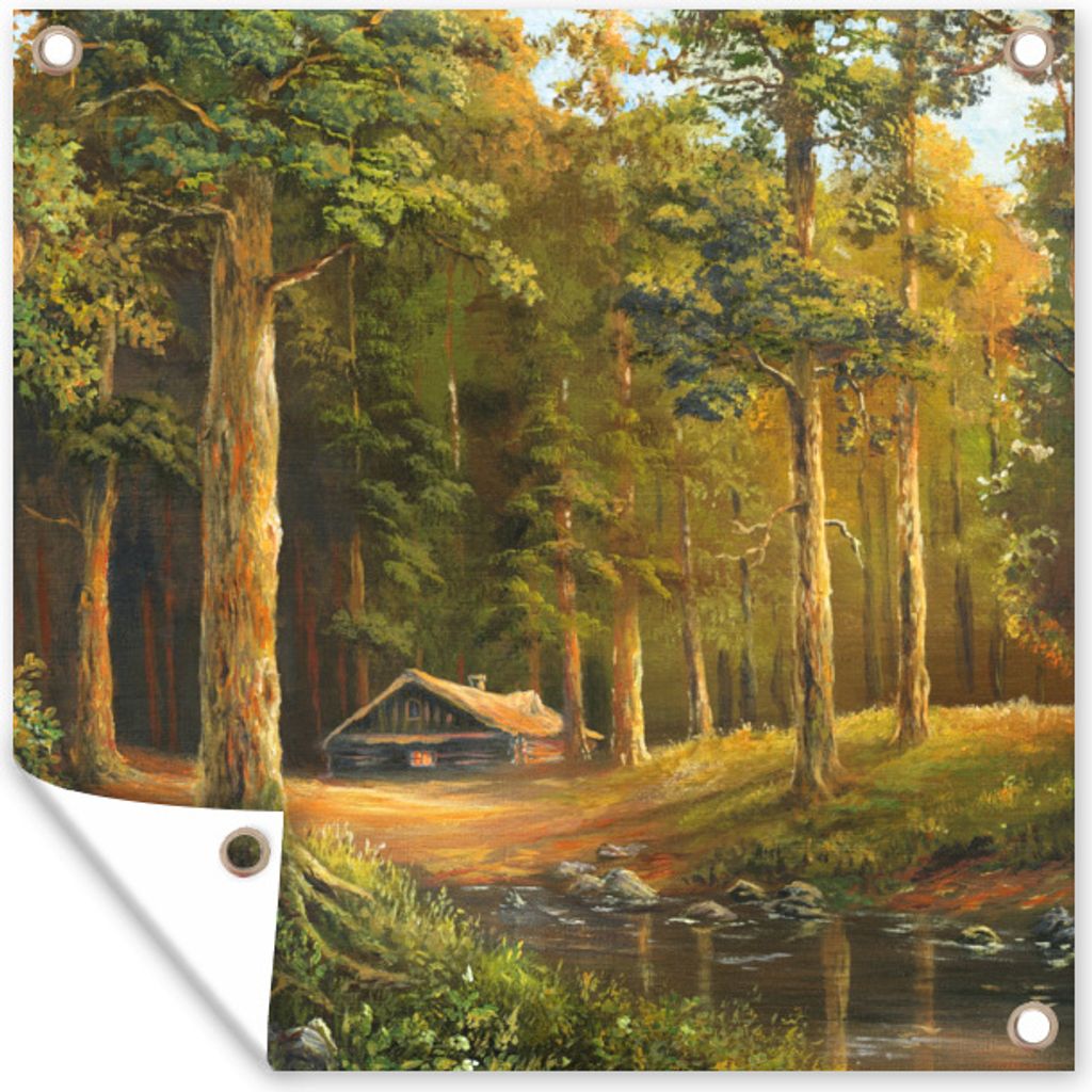 MuchoWow 100x100 cm Outdoor-Poster Gartendeko Sichtschutz Garten Poster für den Garten Eine Illustration einer Hütte in einem Wald