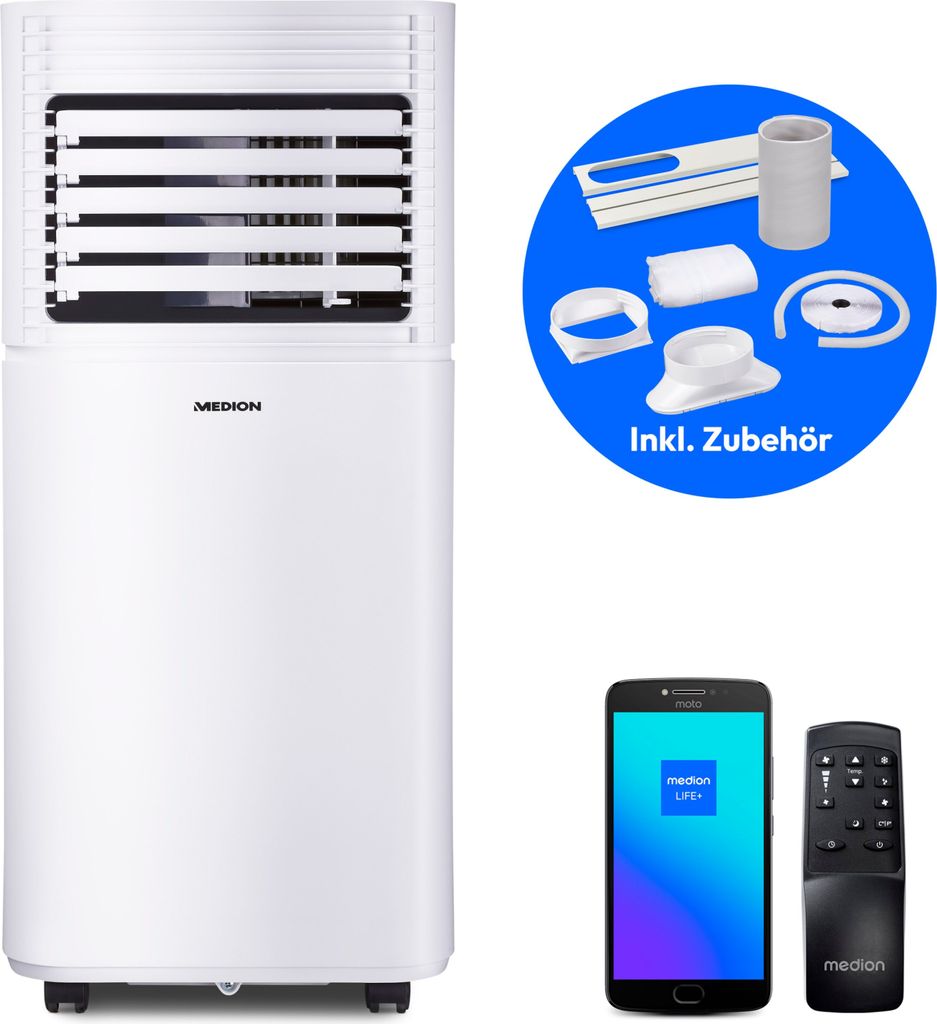 A white portable air conditioner is shown next to a blue circle containing accessories, a smartphone, and a remote control.