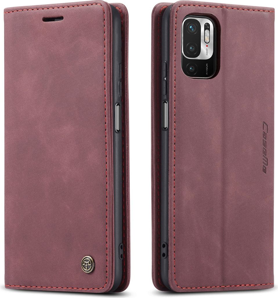 Xiaomi Poco M3 Pro 5G Hülle, Retro Kunstledertasche mit Standfunktion Schutzhülle für Xiaomi Poco M3 Pro 5G Rot
