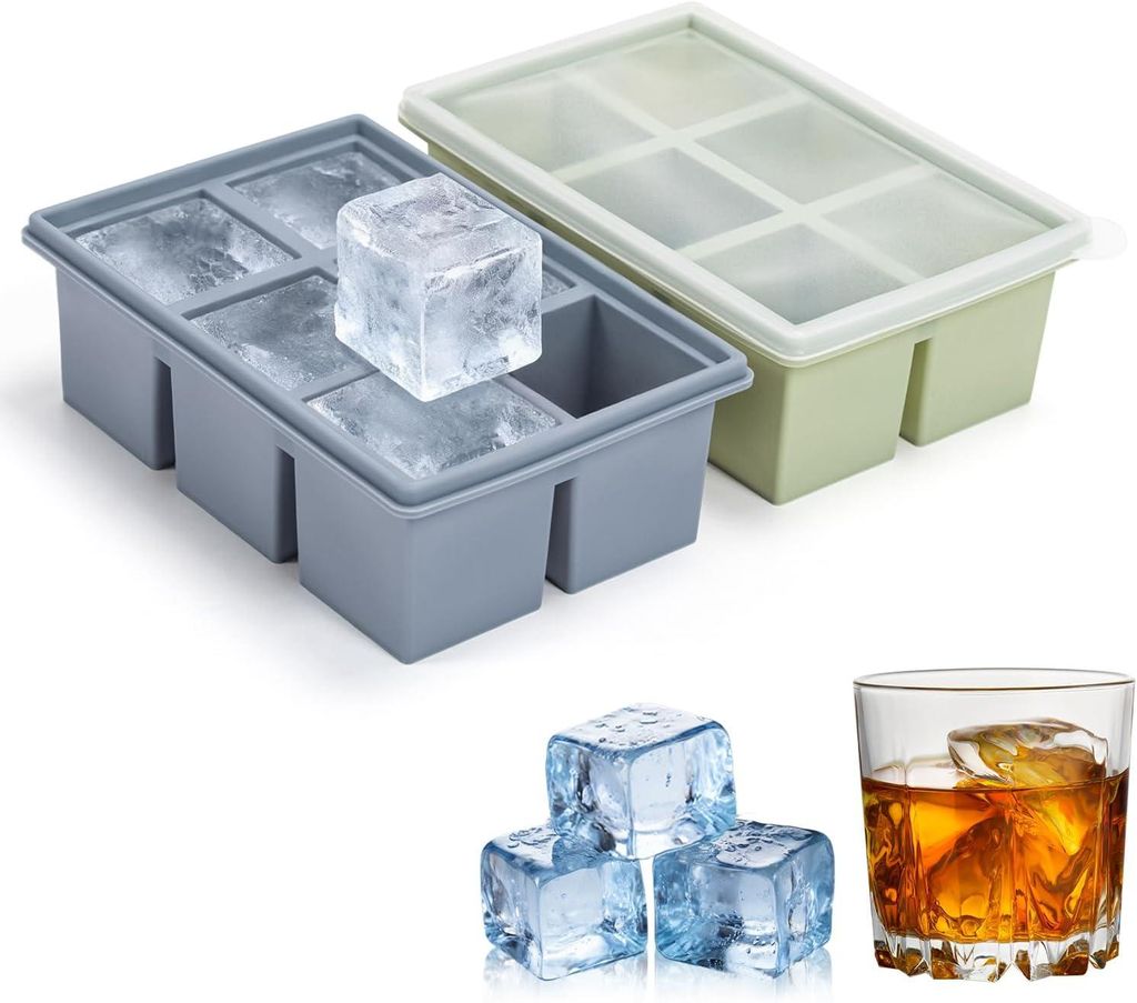 Eiswürfelform Silikon 2er Set mit Deckel, große 5x5 cm XXL Eiswürfel, BPA frei, Slow Melting Ice Cubes für Whisky, Cocktails & Getränke