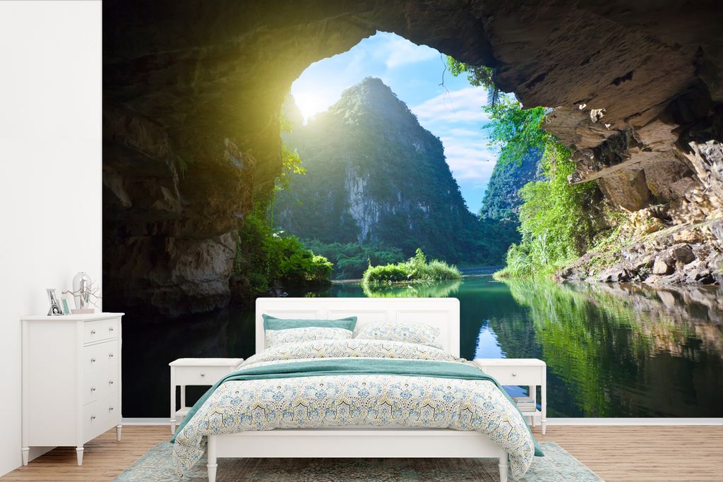 MuchoWow Fototapete für Wohnzimmer oder Schlafzimmer Wandtapete Vinyl Motivtapete Wasser - Höhle - Sonne - Natur - Pflanzen - 390x260 cm - Papi...