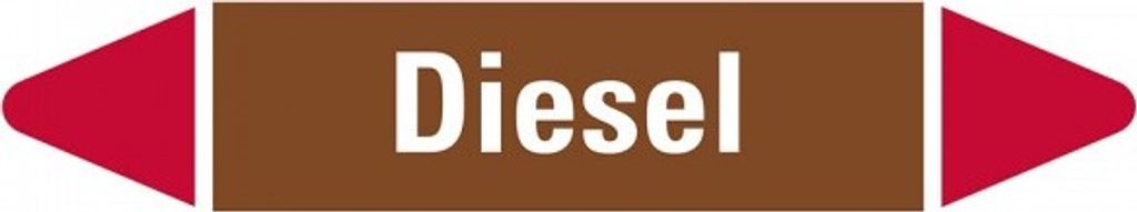 Aufkleber I Rohrleitungsetikett Diesel, braun/weiß/rot, für Ø 25-40mm, 126x26...