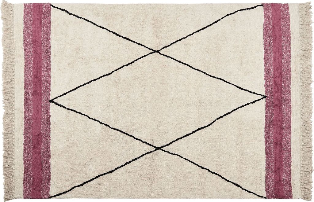 BELIANI Teppich Beige und Rosa Baumwolle Rechteckig 160 x 230 cm Geometrisches Muster Fransen Handgetuftet Boho Kurzhaar Fußbodenheizung Geeignet