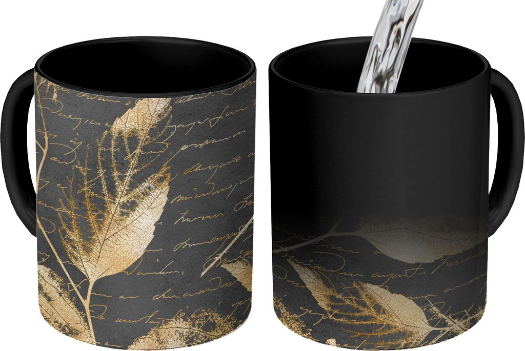 MuchoWow Zauber Tasse Zaubertasse Magic Gold - Blätter - Schwarz 350 ml Farbwechsel Becher Geschenk Geschenkidee - Magic-Tasse - Fototasse - Ker...