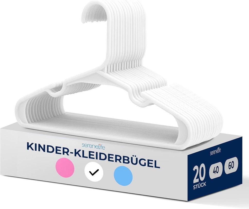 SereneLife Kinderkleiderbügel 20er Set – Kleiderbügel Kinder & Baby Kleiderbügel Kunststoff & rutschfest - 28.5 cm (Weiß)
