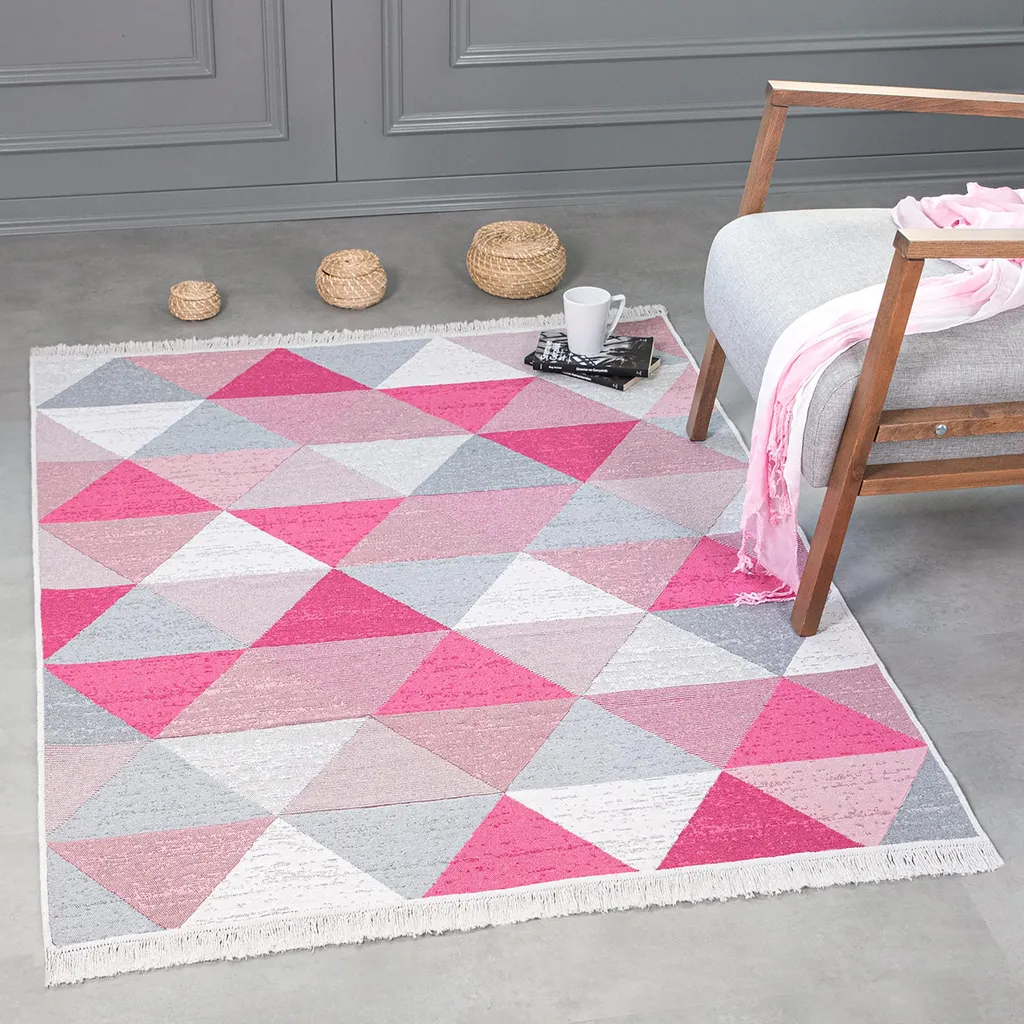 Tapis boho rose clair 140x200 cm - Texture rase et motif carreaux