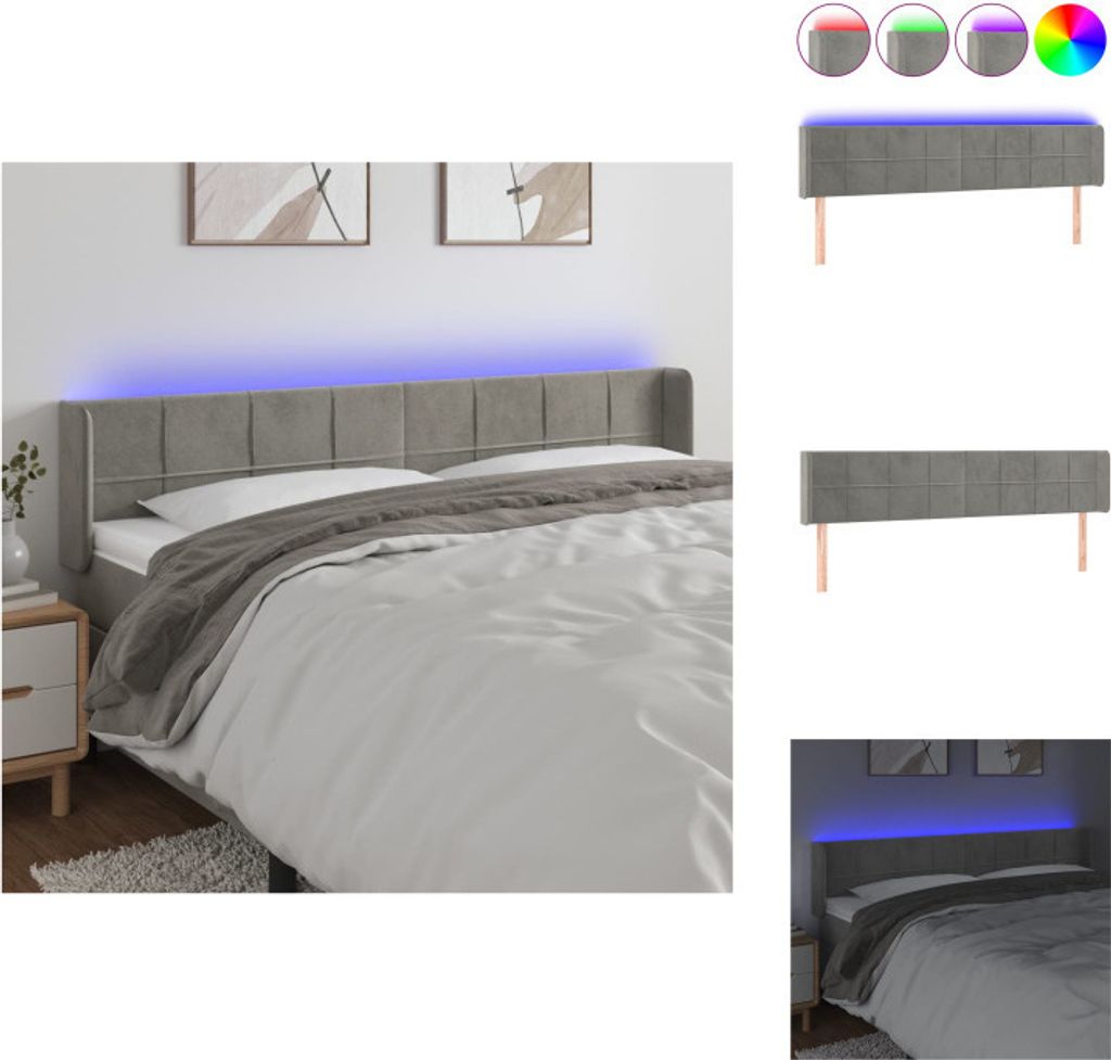 vidaXL LED Kopfteil Hellgrau 183x16x78/88 cm Samt - Kopf- & Fußenden