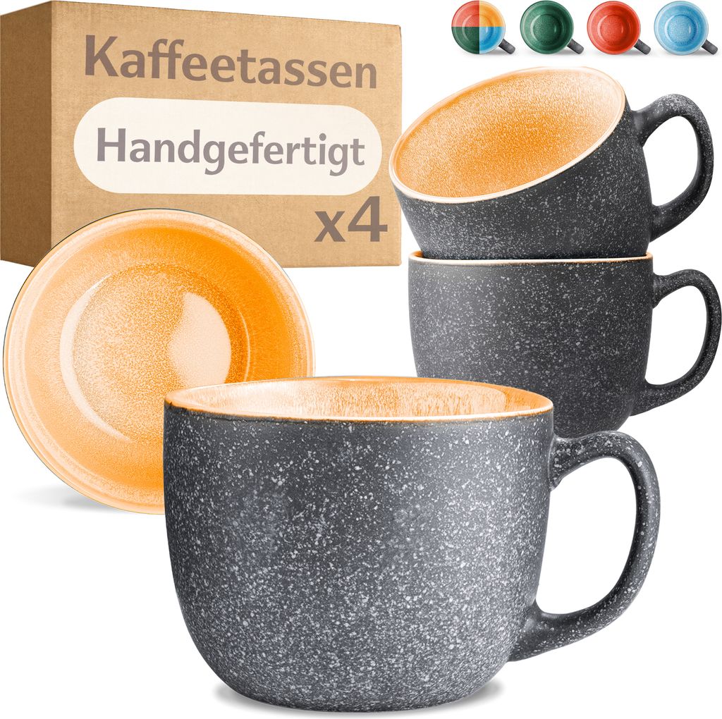 Cosumy Kaffeetassen 4er Set aus Keramik - 350ml – Dickwandiges Steingut, Tassen mit Handgefertigter Reaktiver...