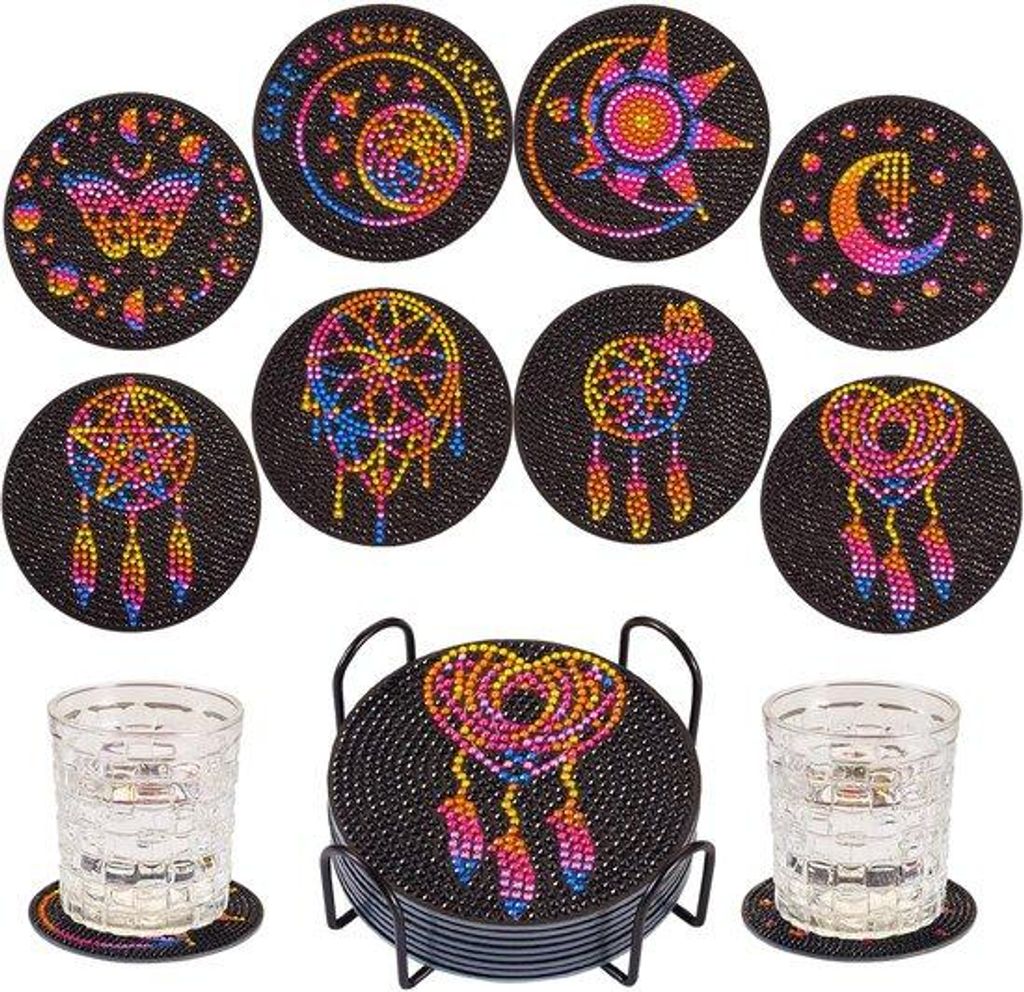 8-teilige Stern-Mond-Diamantkunst Untersetzer Schwarz 5D Diamantschilder Sets