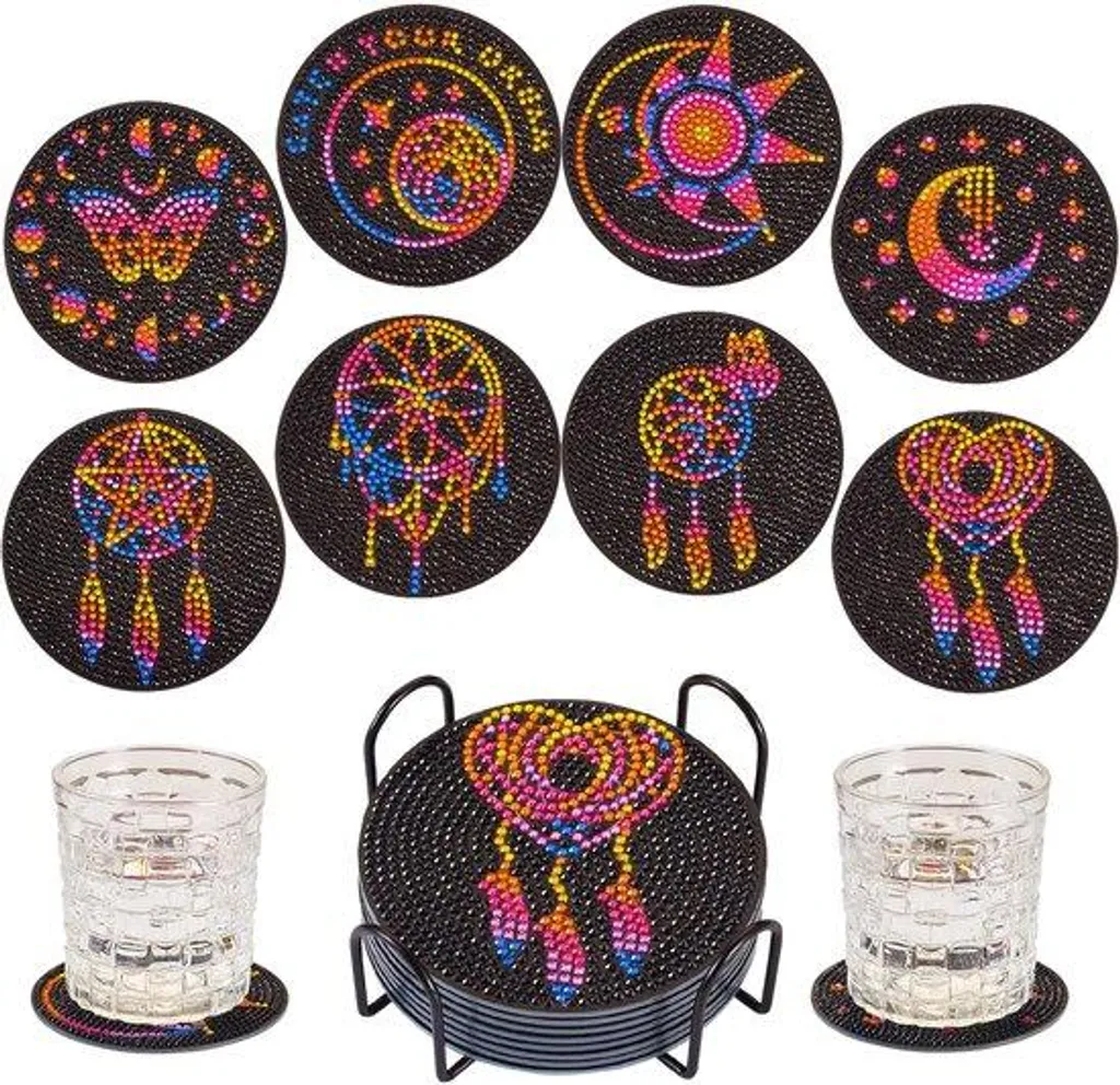 Lot de 8 sous-verres diamant 5D noirs motif lune et étoile
