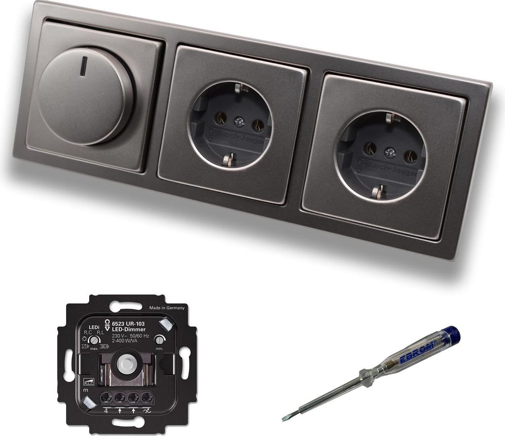 Busch Jäger 6523UR-103 LED Drehdimmer Dimmer + Dimmerscheibe 6540-866-102 und 2 x Steckdose mit Kinderschutz 20EUCKS-866 in PUR Edelstahl + EBROM ...