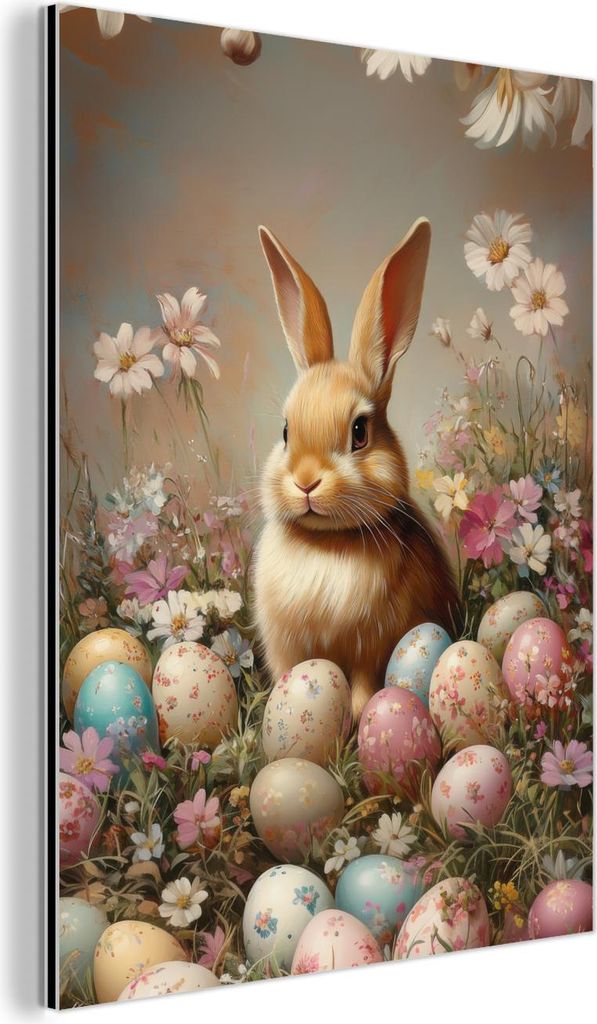 MuchoWow Wanddekoration Metall Metallbild Wandkunst 60x80 cm Osterhase - Frühling - Ostereier MuchoWow Aluminium Gemälde - Wanddekoration Metall