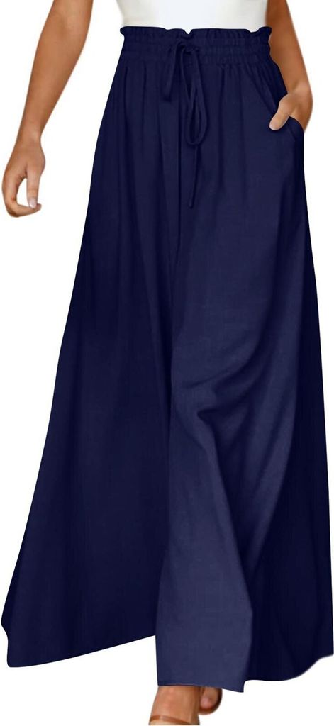 ASKSA Damen Breites Bein Hose Sommer Hohe Waist Plissee Hosen Leicht Hosenrock Sommerhose Freizeithose, Dunkelblau, L