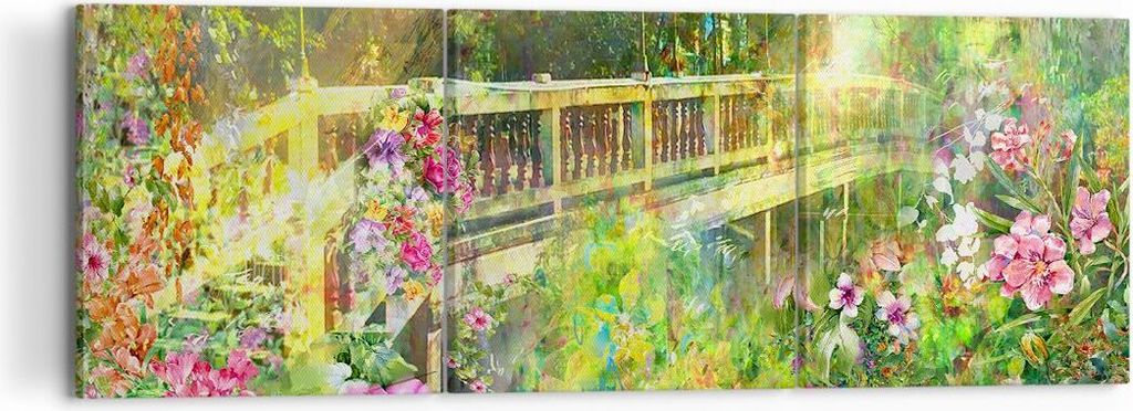 Bild auf Leinwand - Leinwandbild - Brücke Park Blume Frühling - 120x40cm - Wand Bild - Wanddeko - Leinwanddruck - Bilder - Kunstdruck - Wanddekor...
